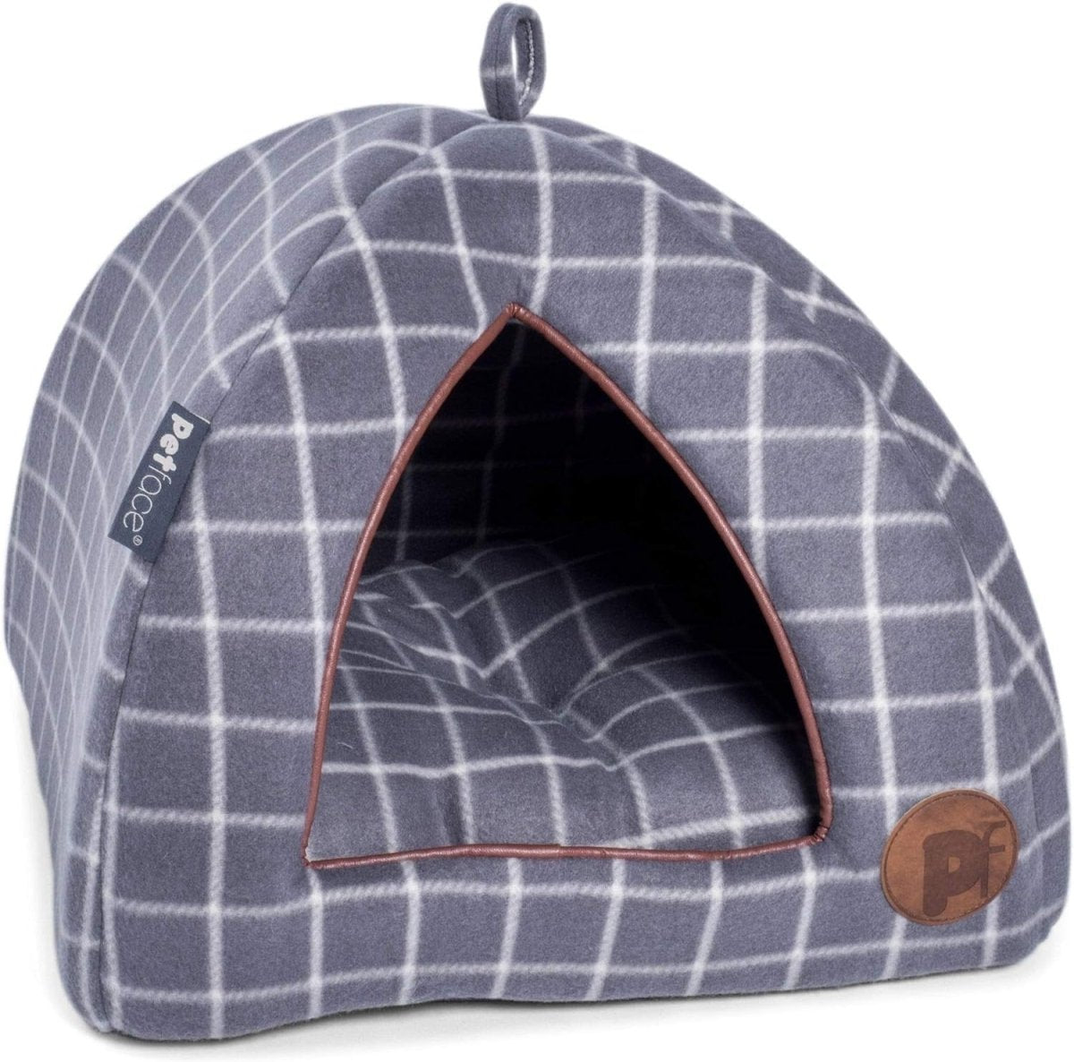 Cat Igloo Bed Grey Check Cozy Pet Hideaway Faux Fur Cushion 40x40x35 - Kwikley