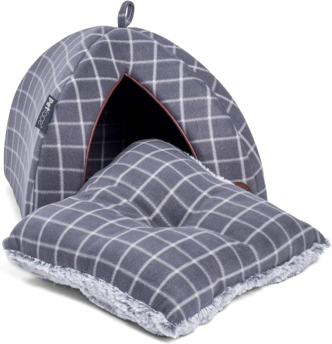 Cat Igloo Bed Grey Check Cozy Pet Hideaway Faux Fur Cushion 40x40x35 - Kwikley