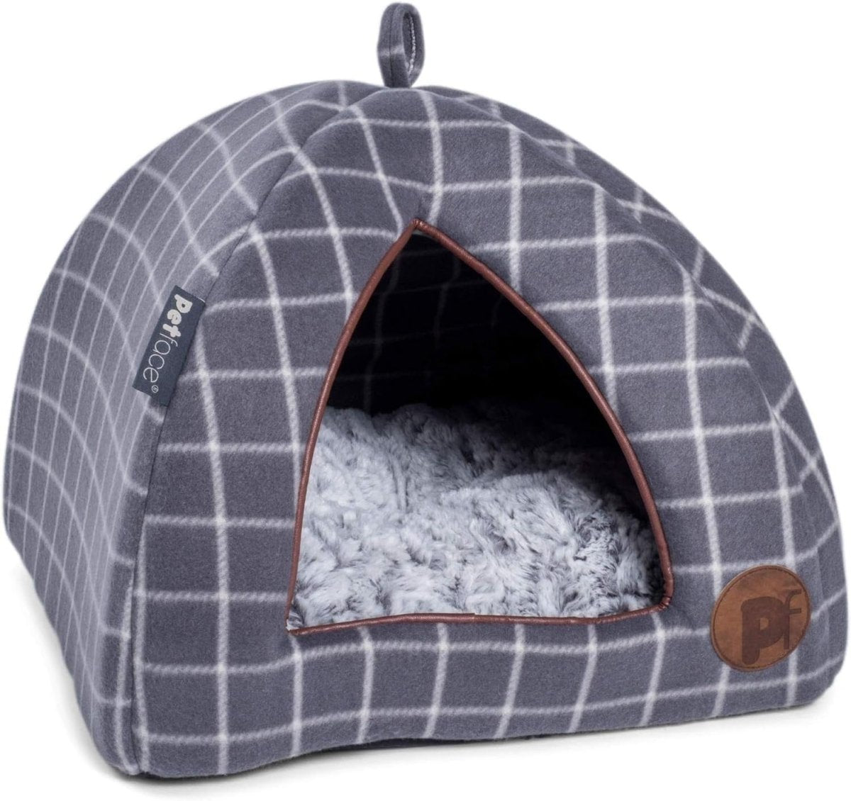 Cat Igloo Bed Grey Check Cozy Pet Hideaway Faux Fur Cushion 40x40x35 - Kwikley