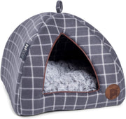 Cat Igloo Bed Grey Check Cozy Pet Hideaway Faux Fur Cushion 40x40x35 - Kwikley