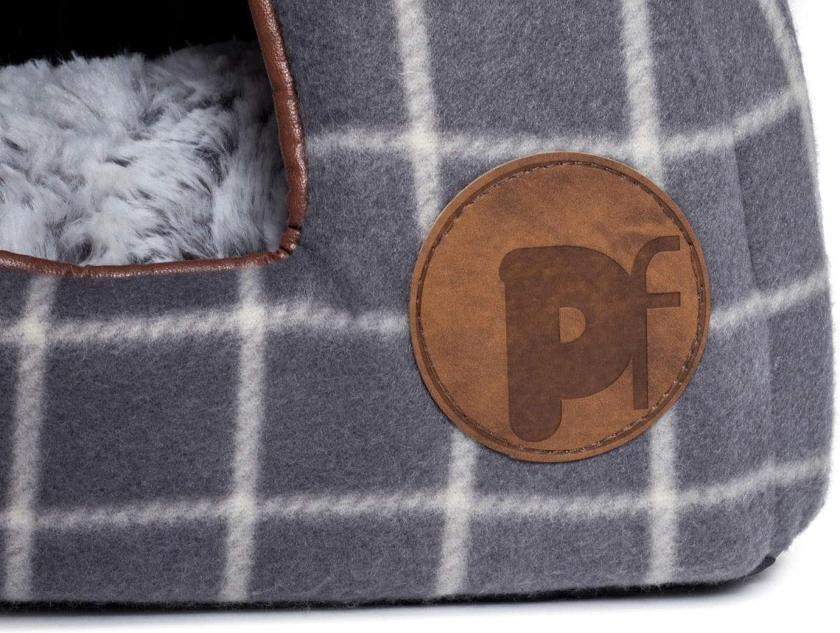 Cat Igloo Bed Grey Check Cozy Pet Hideaway Faux Fur Cushion 40x40x35 - Kwikley