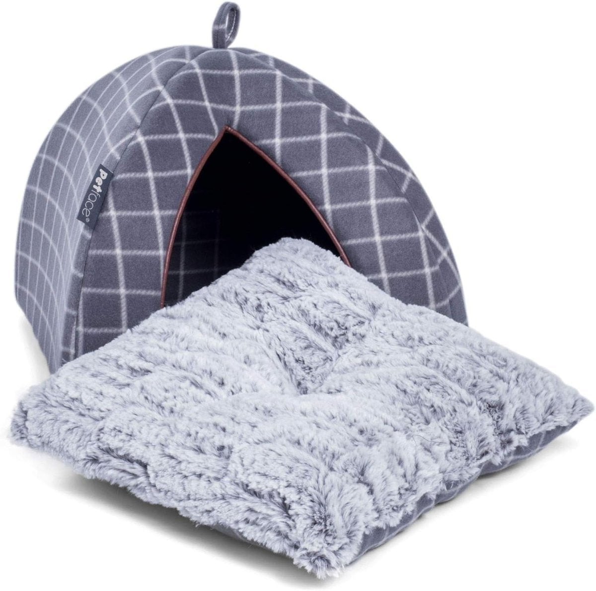 Cat Igloo Bed Grey Check Cozy Pet Hideaway Faux Fur Cushion 40x40x35 - Kwikley