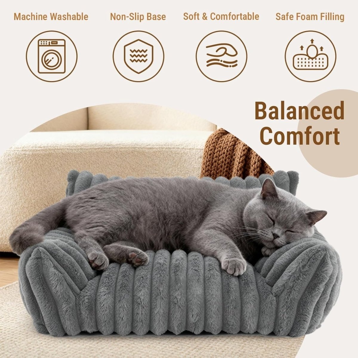 Cat Sofa Bed 60x45cm Faux Fur Pet Couch Washable Cover Non Slip - Kwikley