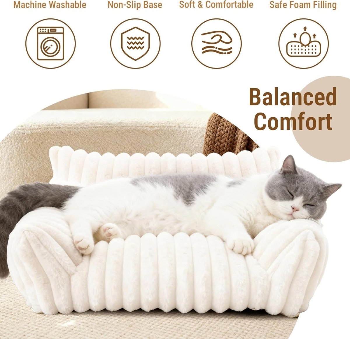 Cat Sofa Bed 60x45cm Faux Fur Pet Couch Washable Cover Non Slip White - Kwikley