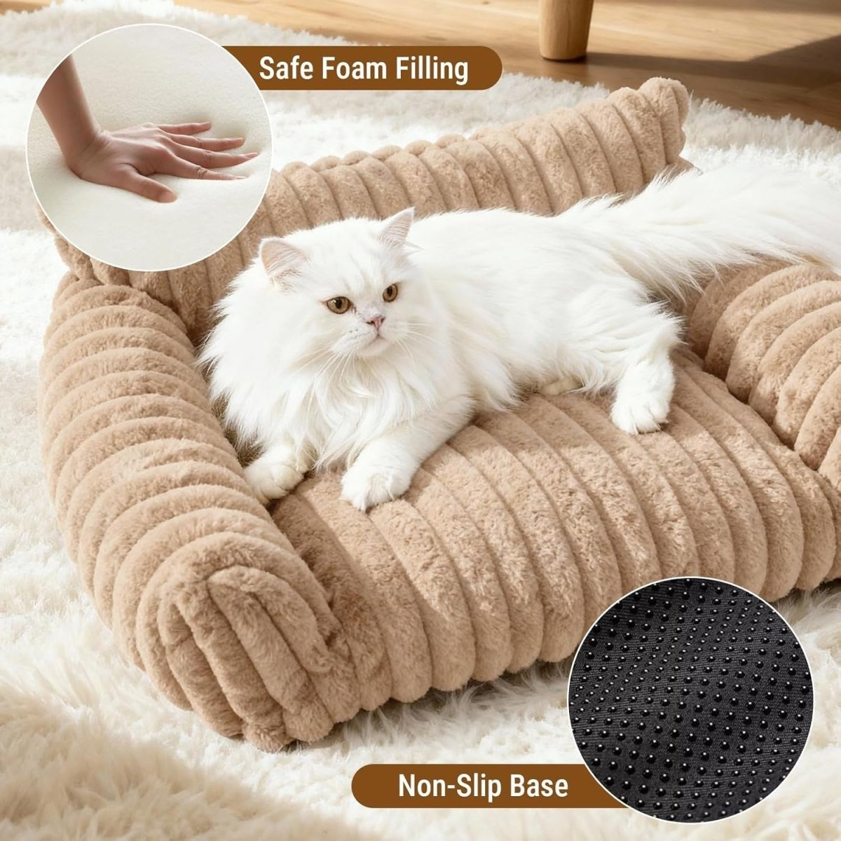 Cat Sofa Bed 60x45cm Faux Rabbit Fur Pet Couch Non Slip Camel - Kwikley