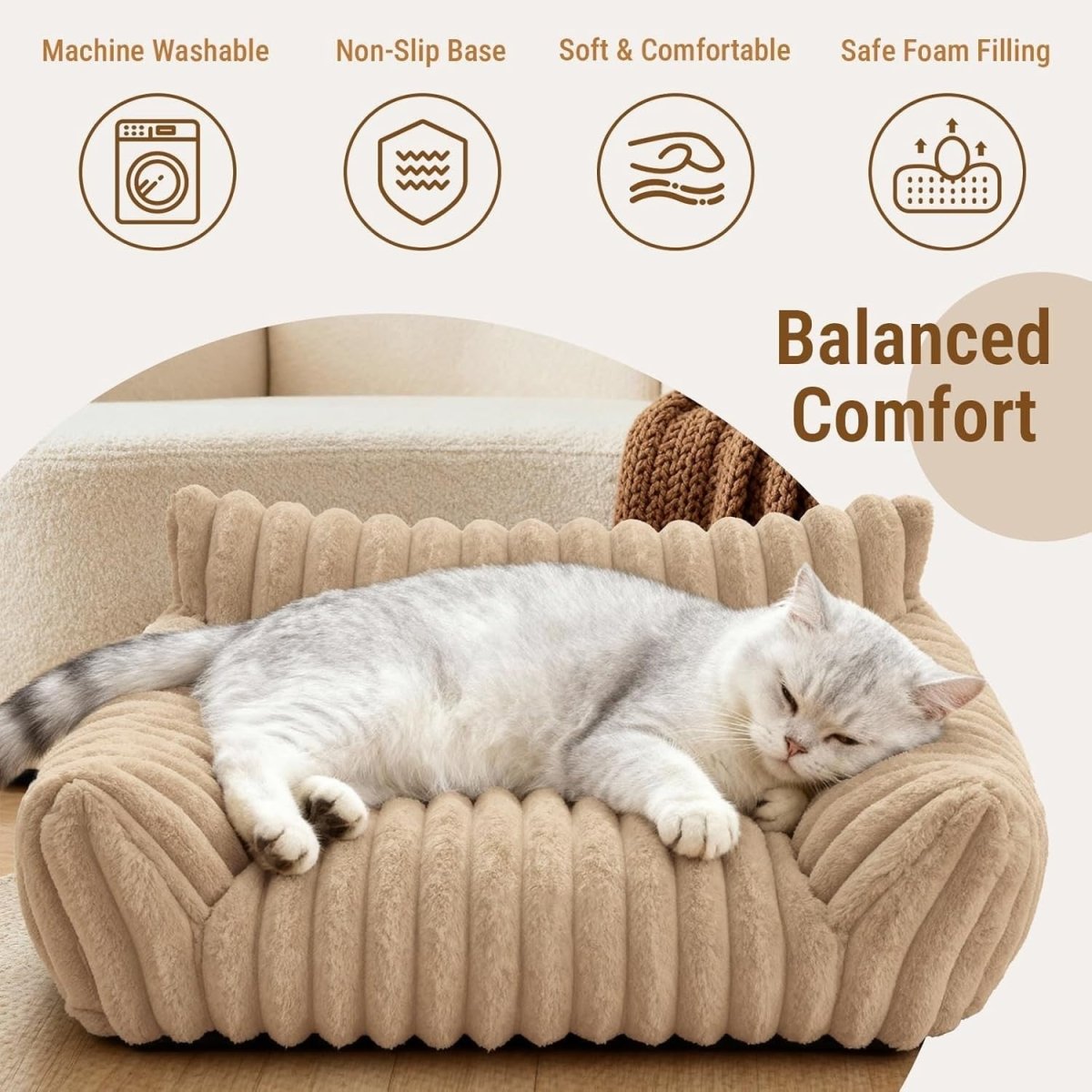 Cat Sofa Bed 60x45cm Faux Rabbit Fur Pet Couch Non Slip Camel - Kwikley