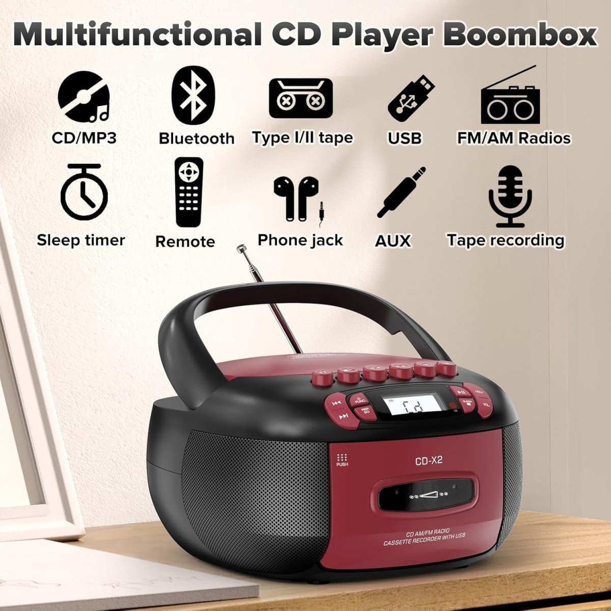 CD Cassette Boombox Bluetooth AM FM Radio USB Remote Stereo - Kwikley