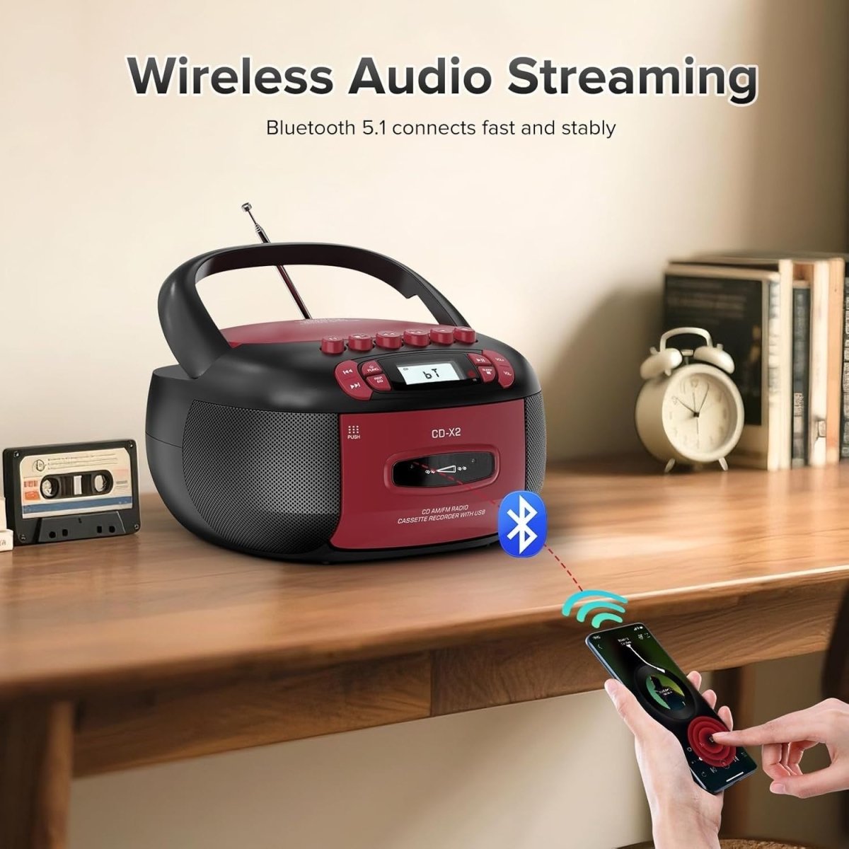 CD Cassette Boombox Bluetooth AM FM Radio USB Remote Stereo - Kwikley