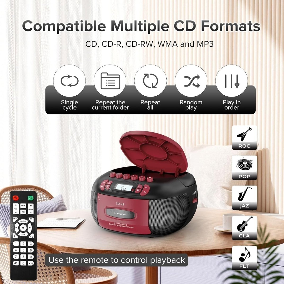 CD Cassette Boombox Bluetooth AM FM Radio USB Remote Stereo - Kwikley