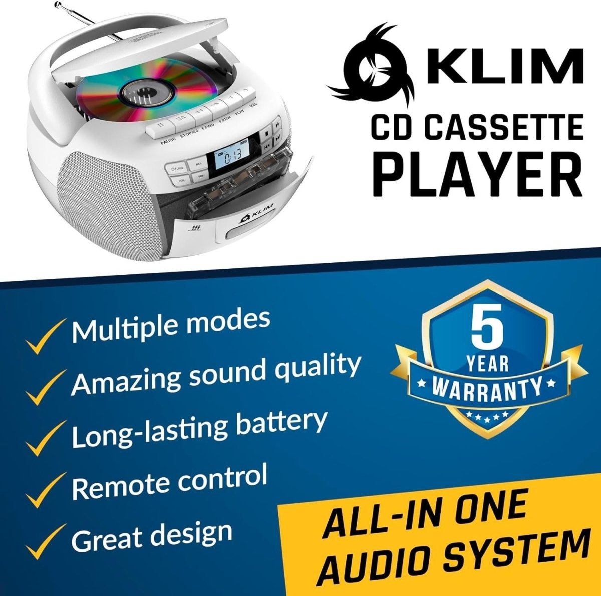 CD Cassette Player Bluetooth Boombox AM FM Radio USB Portable White - Kwikley