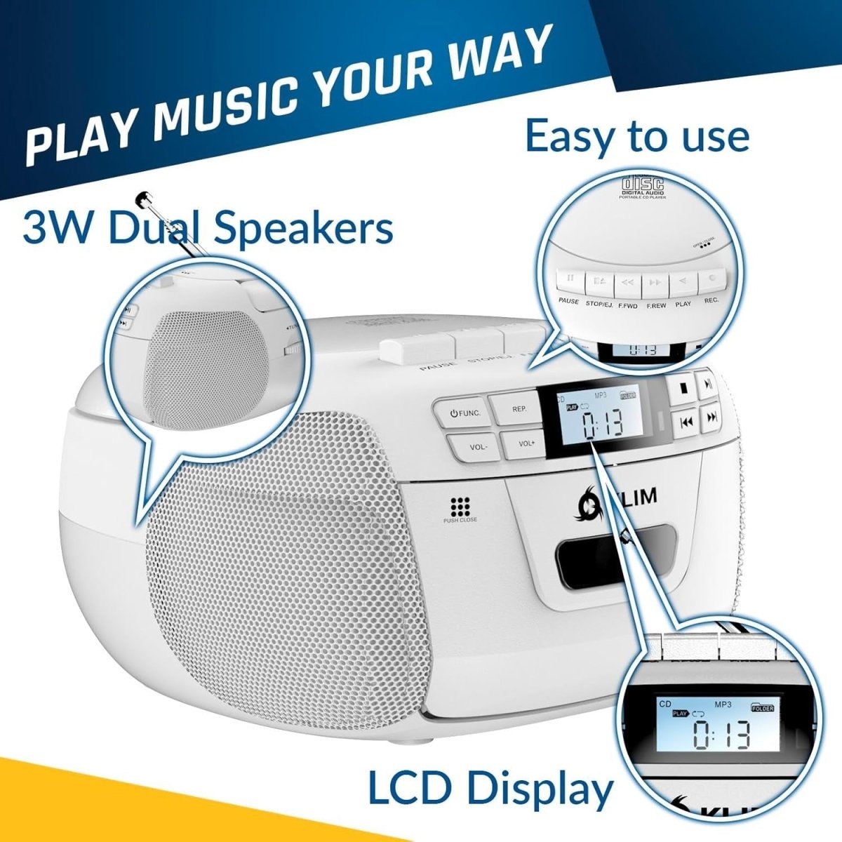 CD Cassette Player Bluetooth Boombox AM FM Radio USB Portable White - Kwikley