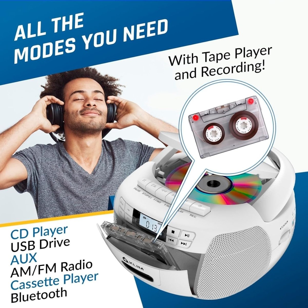 CD Cassette Player Bluetooth Boombox AM FM Radio USB Portable White - Kwikley