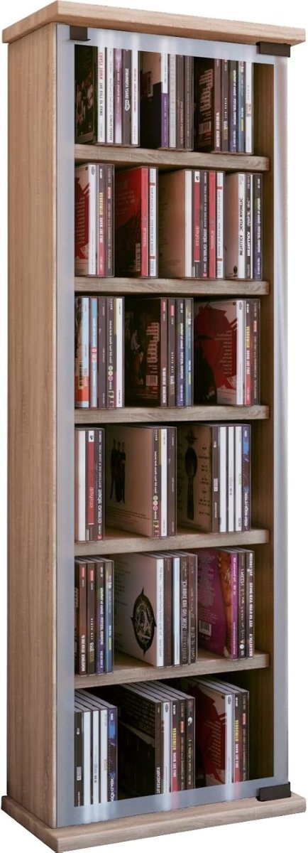 CD DVD Storage Tower Cabinet Glass Door Media Shelf Holds 150 CDs Oak - Kwikley