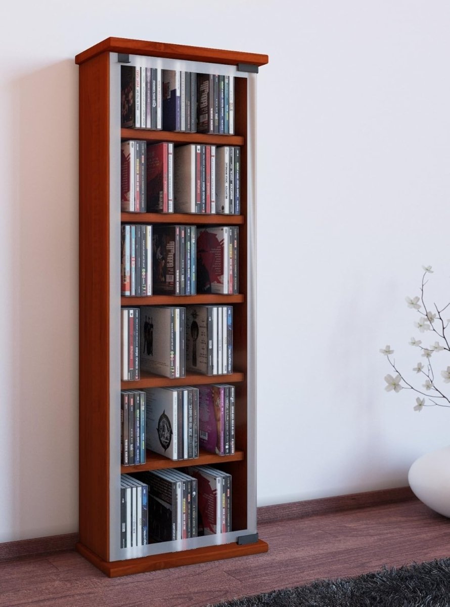 CD DVD Storage Tower Cabinet Glass Door Media Shelf Holds 150 CDs Walnut - Kwikley