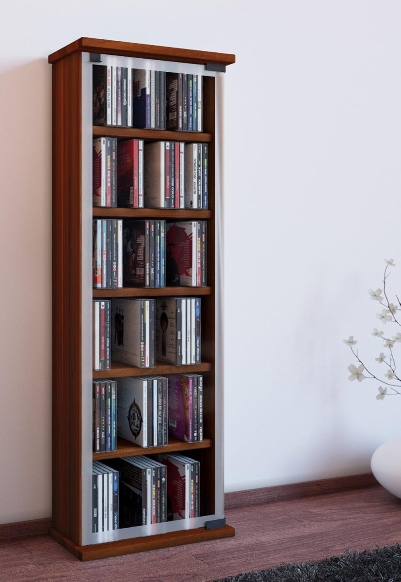 CD DVD Storage Tower Cabinet Glass Door Media Shelf Holds 150 CDs Walnut - Kwikley