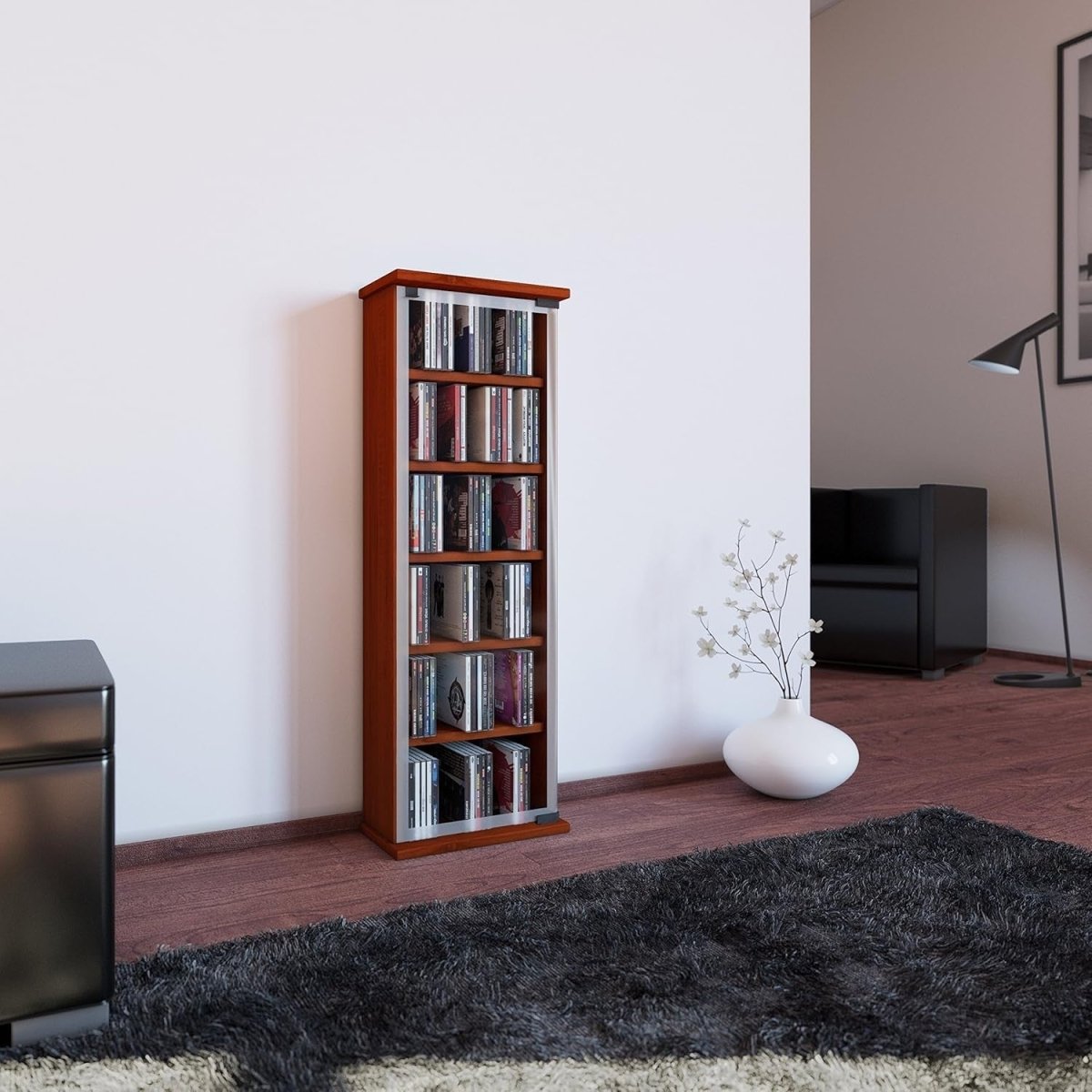 CD DVD Storage Tower Cabinet Glass Door Media Shelf Holds 150 CDs Walnut - Kwikley