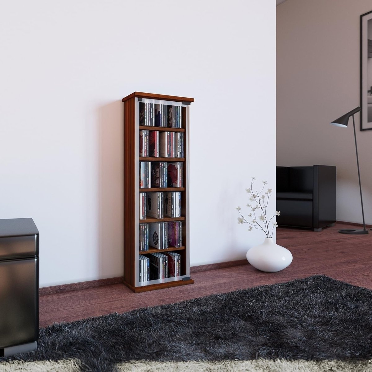 CD DVD Storage Tower Cabinet Glass Door Media Shelf Holds 150 CDs Walnut - Kwikley