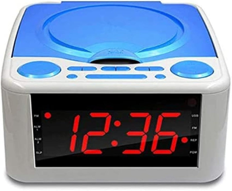 CD Player Alarm Clock AM FM Radio USB Dual Speaker LCD Blue - Kwikley