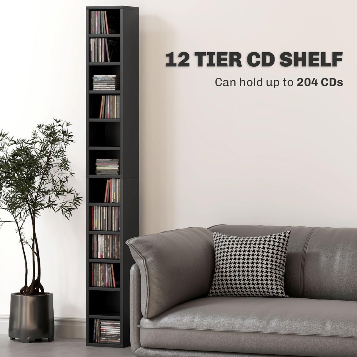 CD Storage Tower 12 Cube Shelving Unit Tall Slim Bookcase Black 175cm - Kwikley