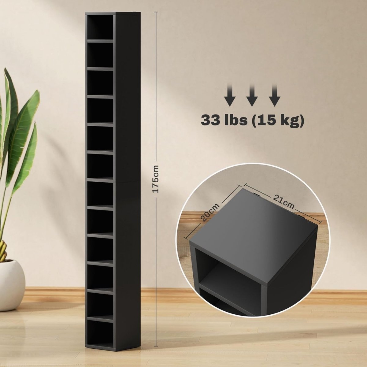 CD Storage Tower 12 Cube Shelving Unit Tall Slim Bookcase Black 175cm - Kwikley