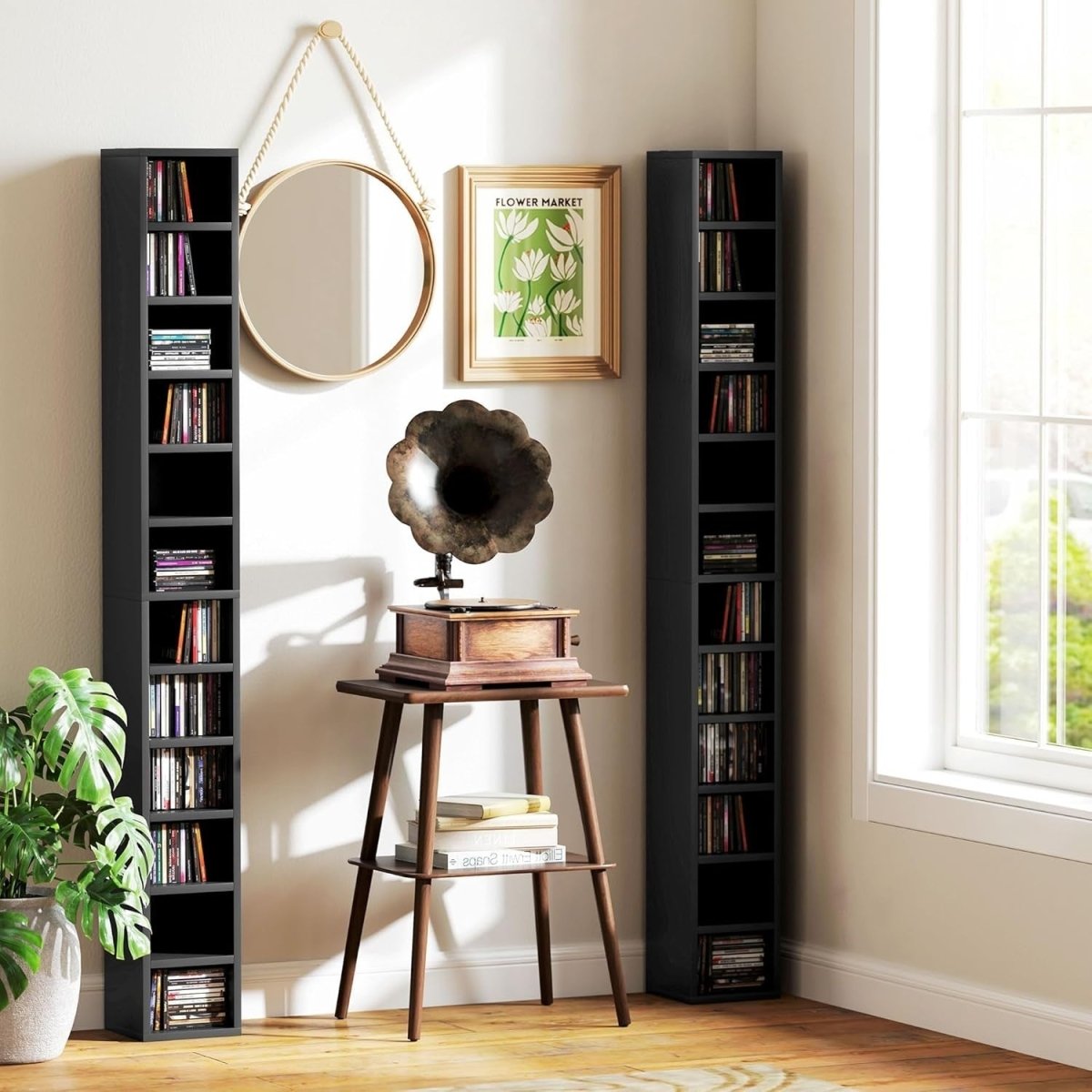 CD Storage Tower 12 Cube Shelving Unit Tall Slim Bookcase Black 175cm - Kwikley
