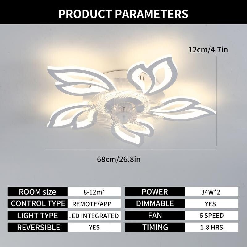 Ceiling Fan Light Remote Control LED Fandelier 6 - Speed Dimmable Quiet Fan - Kwikley
