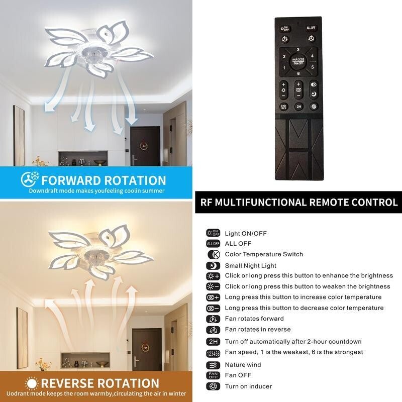 Ceiling Fan Light Remote Control LED Fandelier 6 - Speed Dimmable Quiet Fan - Kwikley
