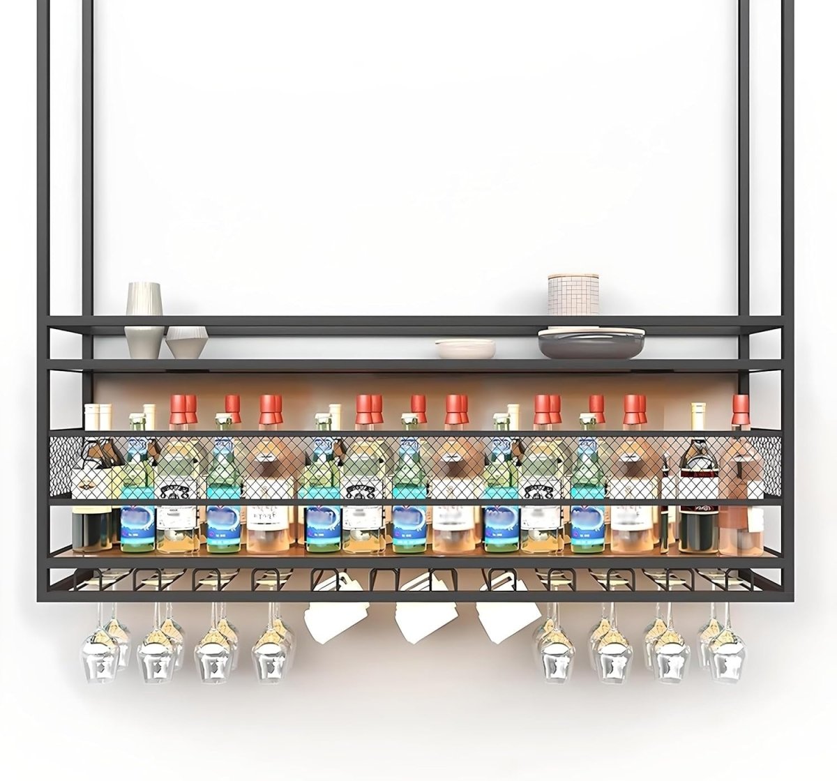 Ceiling Hanging Wine Rack 2 - Tier Bar Bottle & Glass Holder Storage Shelf - Kwikley