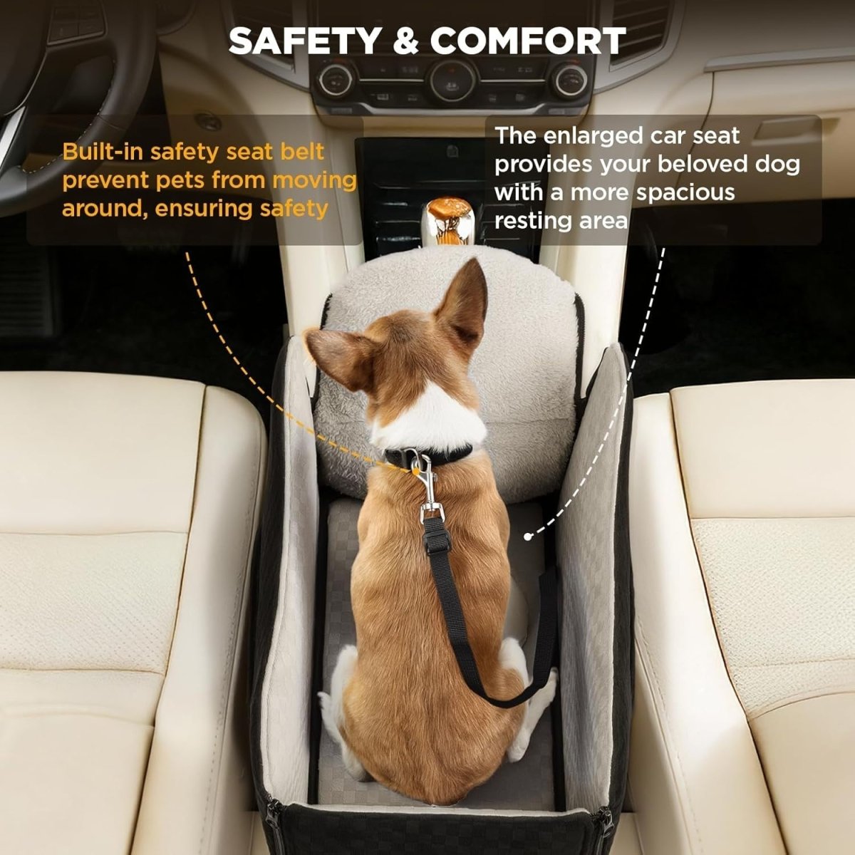 Center Console Dog Car Seat Booster Anti Collapse Safety Leash Plush - Kwikley