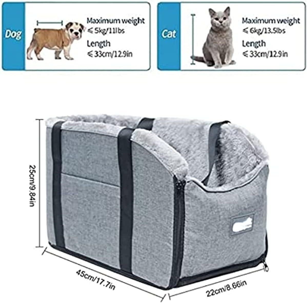 Center Console Dog Car Seat Booster Bed Pet Carrier Travel Bag Gray - Kwikley