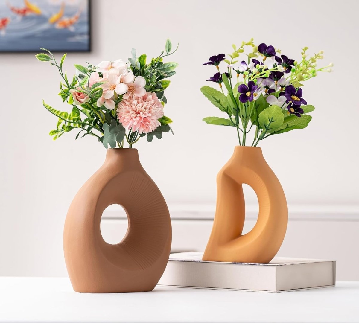 Ceramic Vase Set of 2 Minimalist Hollow Sculptural Decor for Pampas Grass - Kwikley