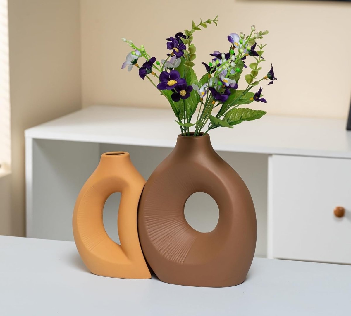 Ceramic Vase Set of 2 Minimalist Hollow Sculptural Decor for Pampas Grass - Kwikley