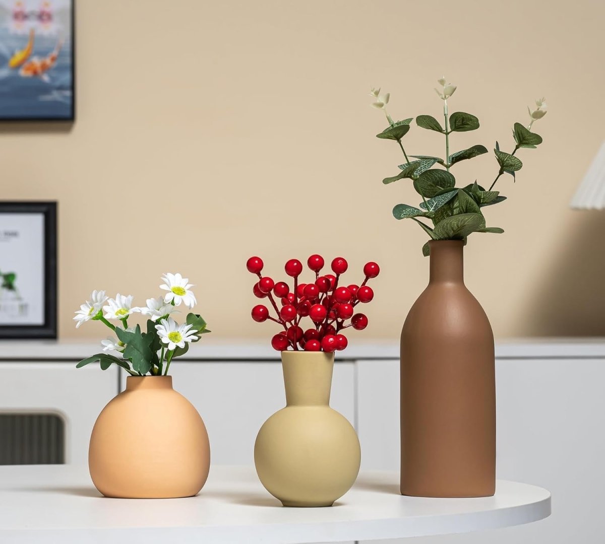 Ceramic Vase Set of 3 Modern Boho Decor Pampas Grass Table Display - Kwikley