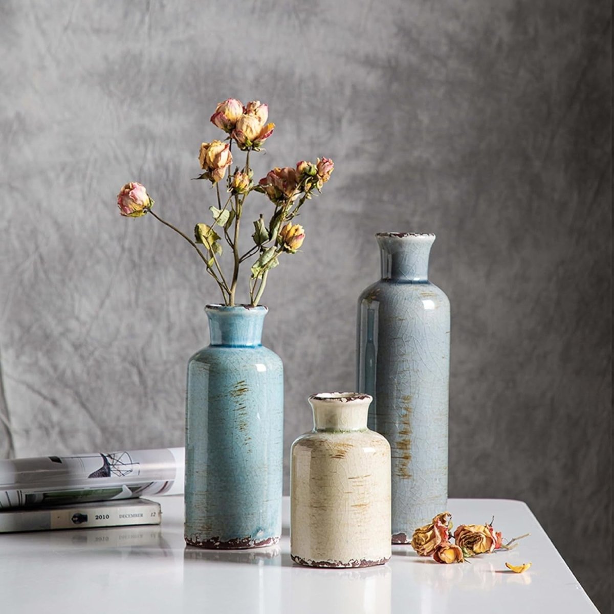 Ceramic Vase Set of 3 Rustic Farmhouse Decorative Vases for Home - Kwikley