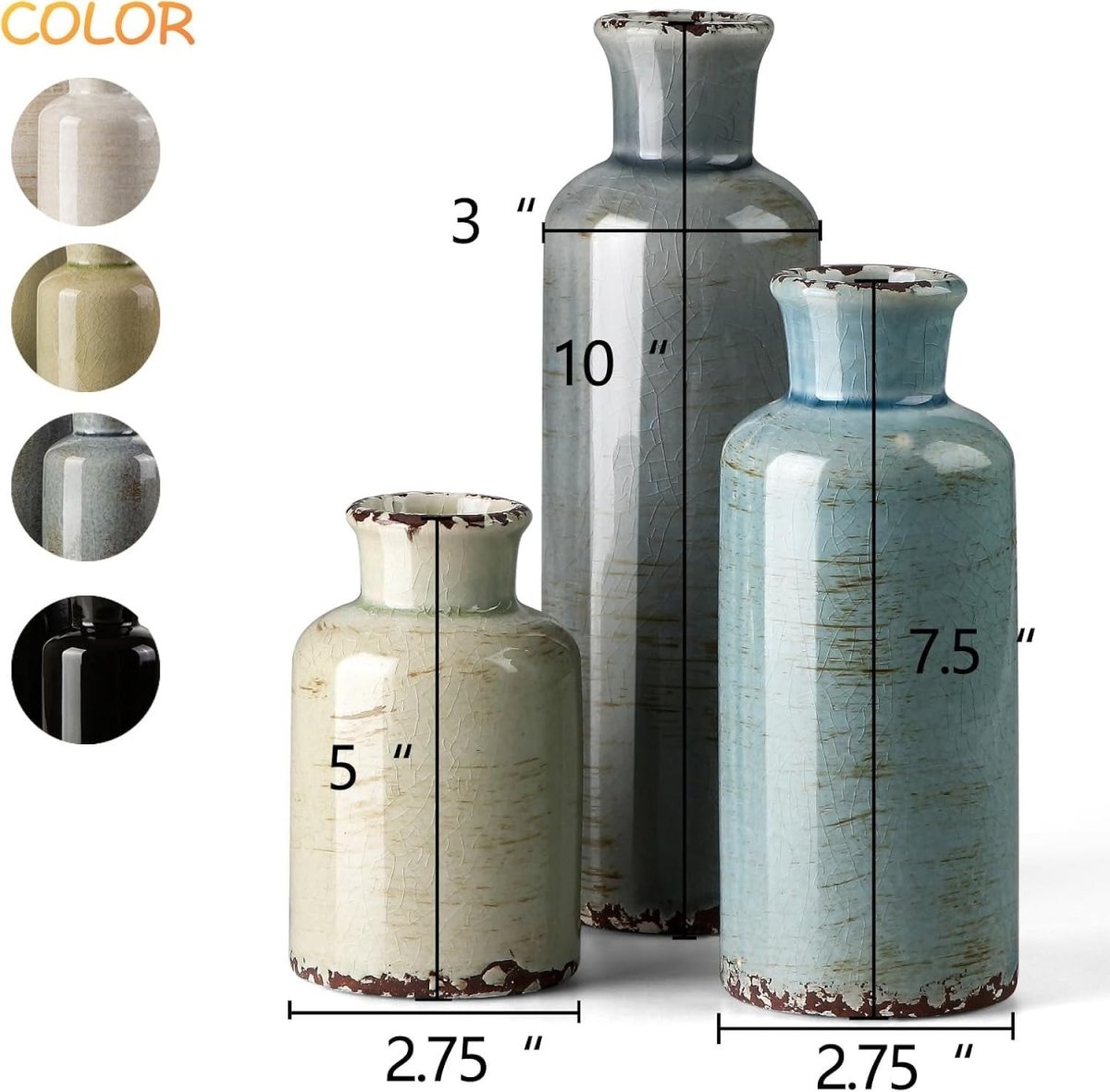 Ceramic Vase Set of 3 Rustic Farmhouse Decorative Vases for Home - Kwikley