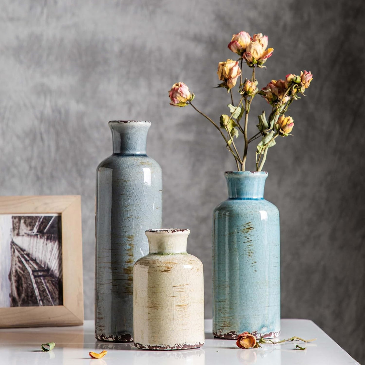 Ceramic Vase Set of 3 Rustic Farmhouse Decorative Vases for Home - Kwikley