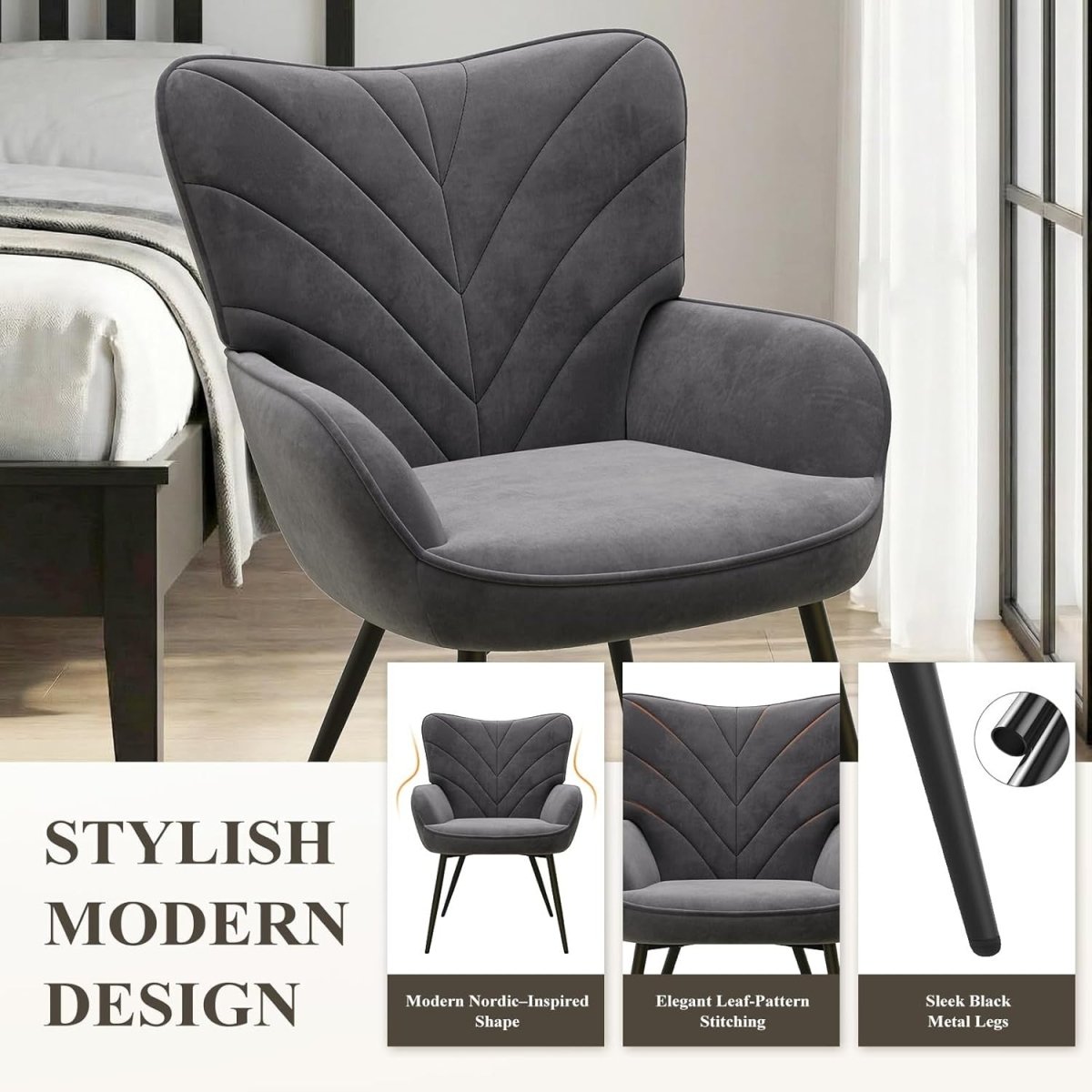 Charcoal Grey Velvet Accent Chair Wide Seat Metal Legs - Kwikley