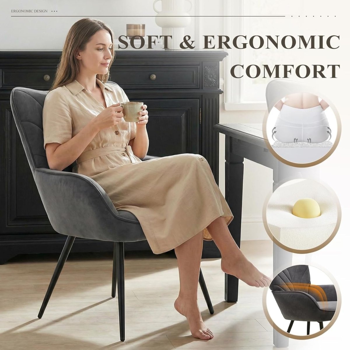 Charcoal Grey Velvet Accent Chair Wide Seat Metal Legs - Kwikley