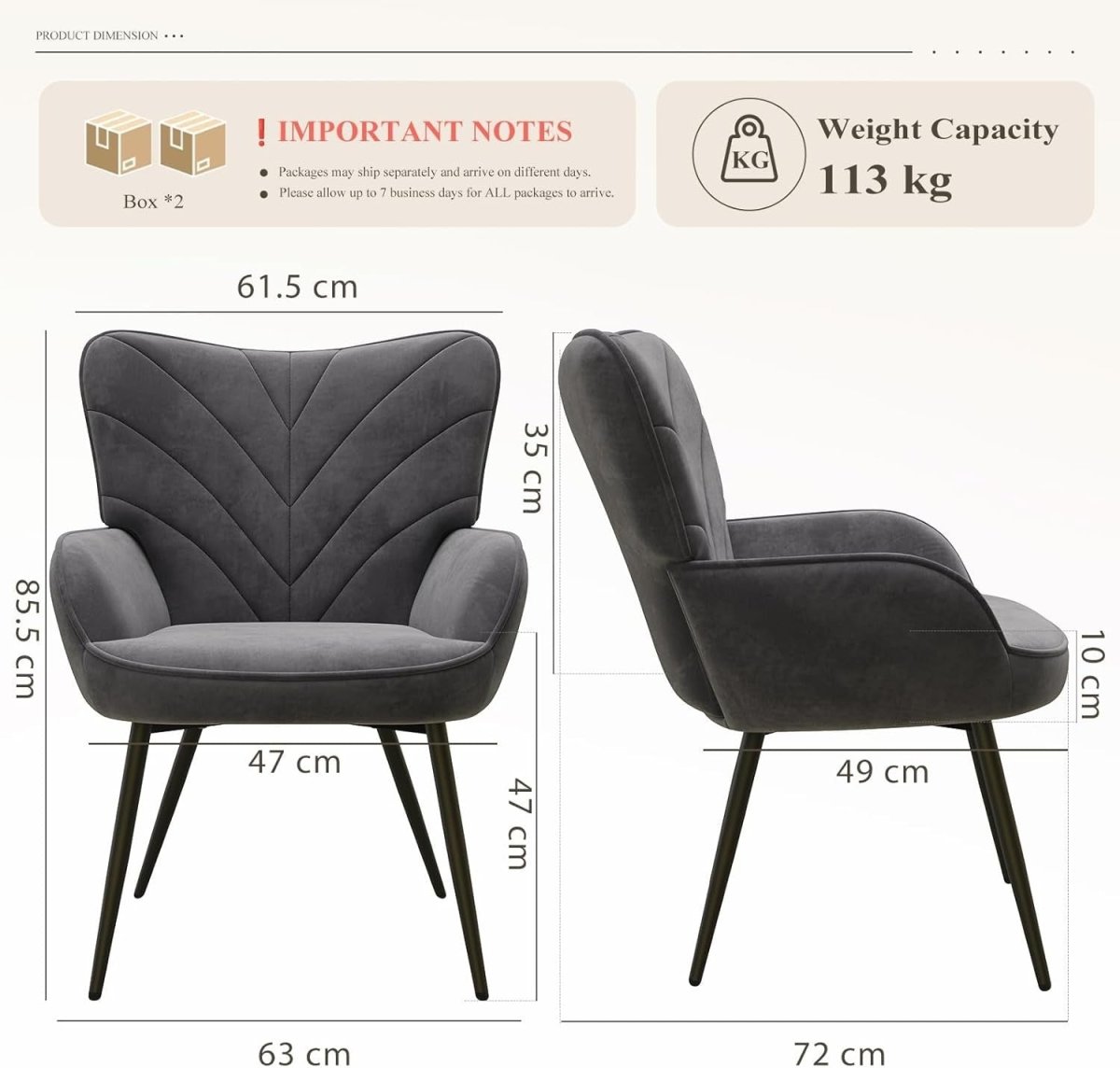 Charcoal Grey Velvet Accent Chair Wide Seat Metal Legs - Kwikley