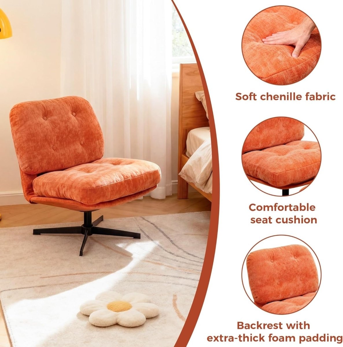 Chenille Accent Chair with Ottoman Foldable Lounge Armchair Orange - Kwikley