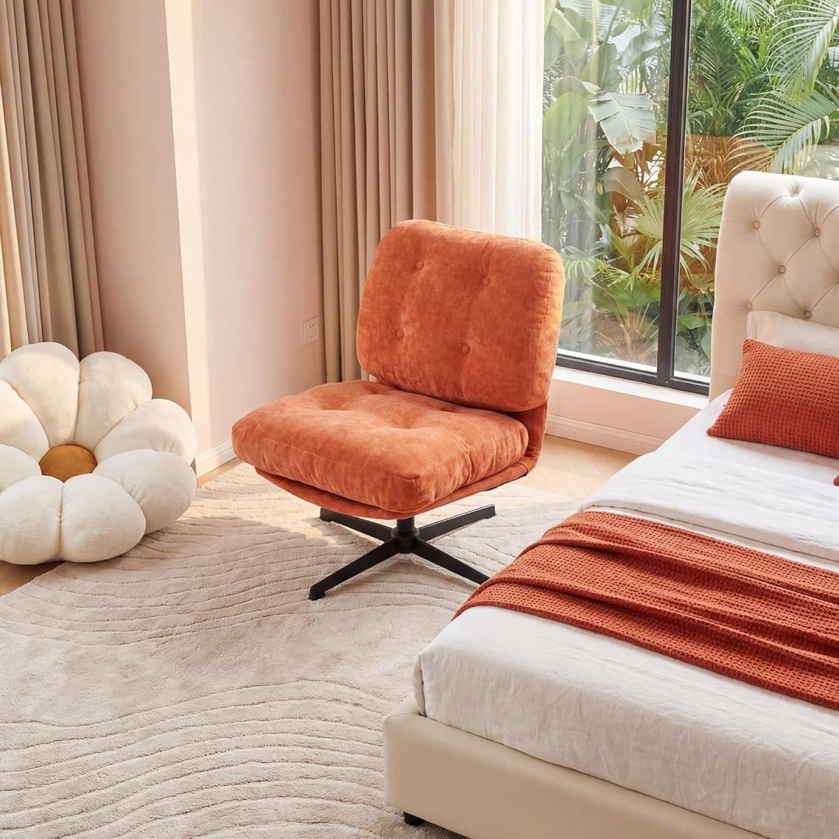Chenille Accent Chair with Ottoman Foldable Lounge Armchair Orange - Kwikley
