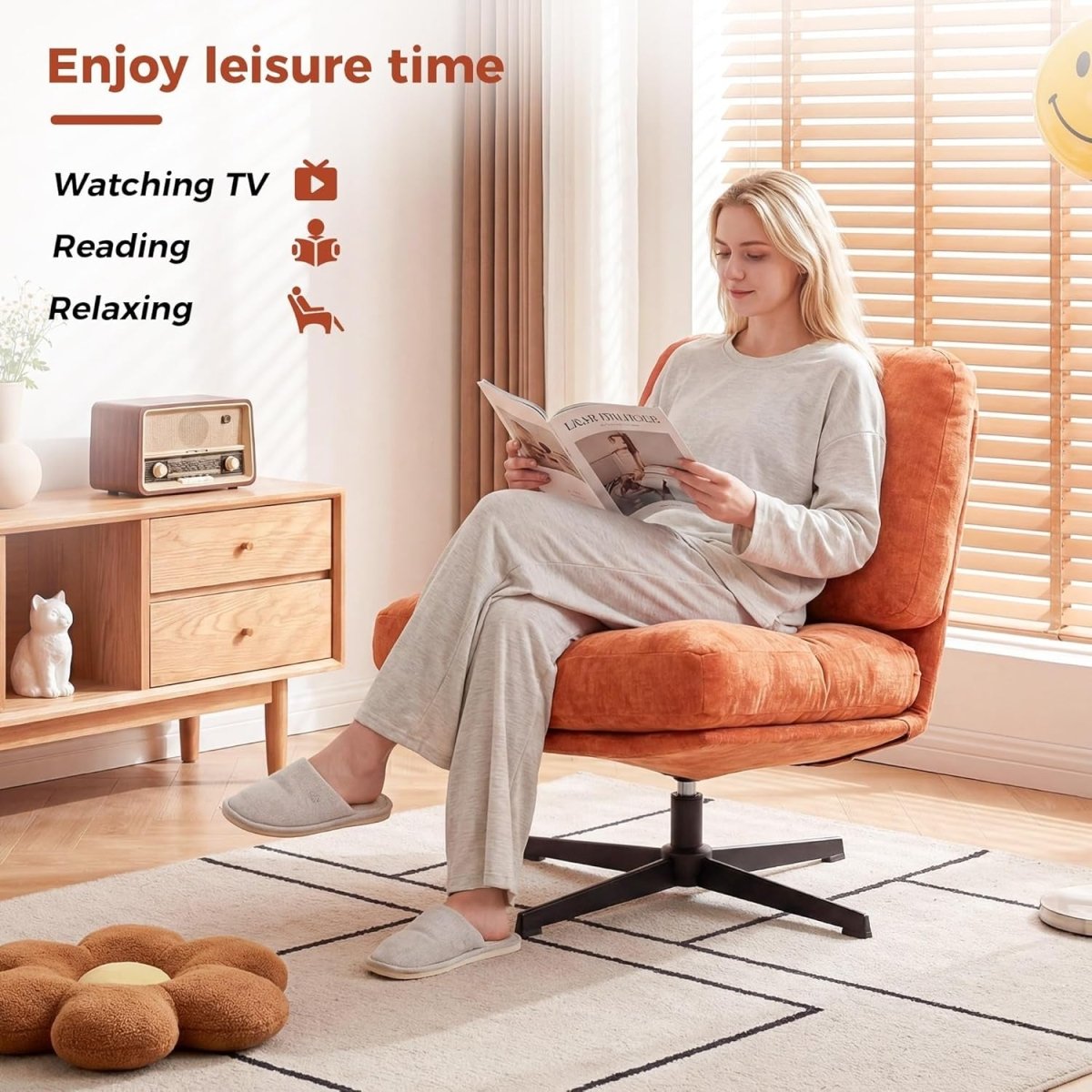Chenille Accent Chair with Ottoman Foldable Lounge Armchair Orange - Kwikley