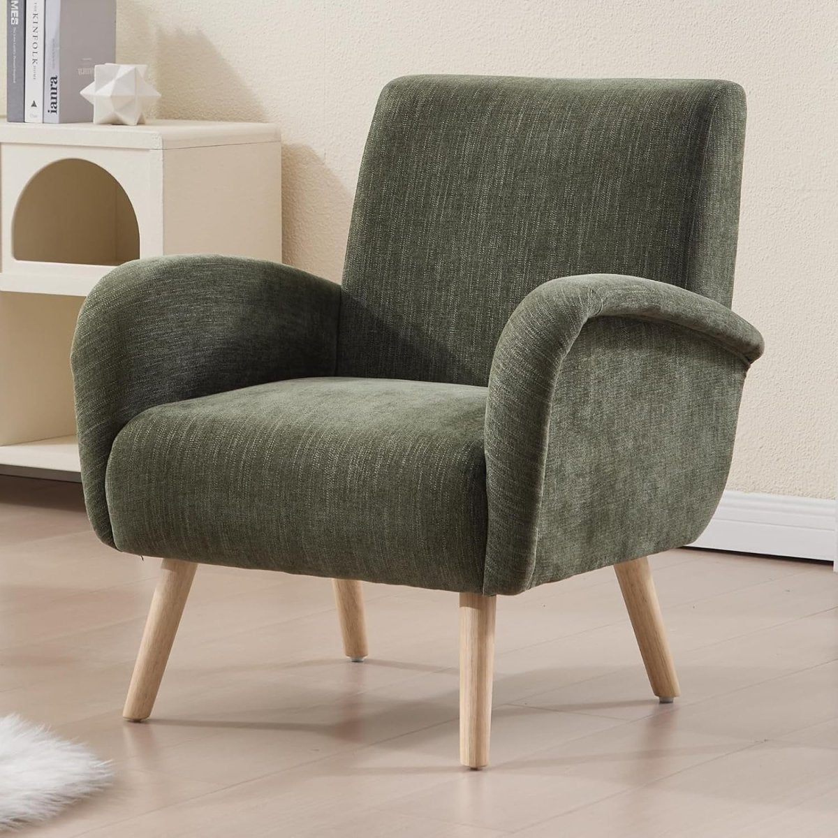 Chenille Upholstered Armchair Tub Chair – Lounge Chair with Wooden Legs - Kwikley