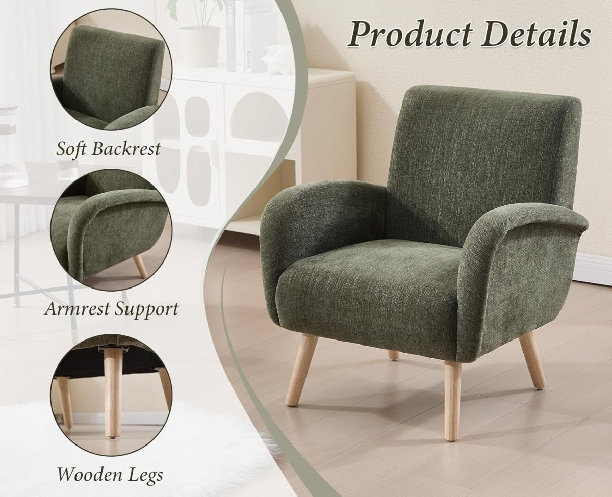 Chenille Upholstered Armchair Tub Chair – Lounge Chair with Wooden Legs - Kwikley