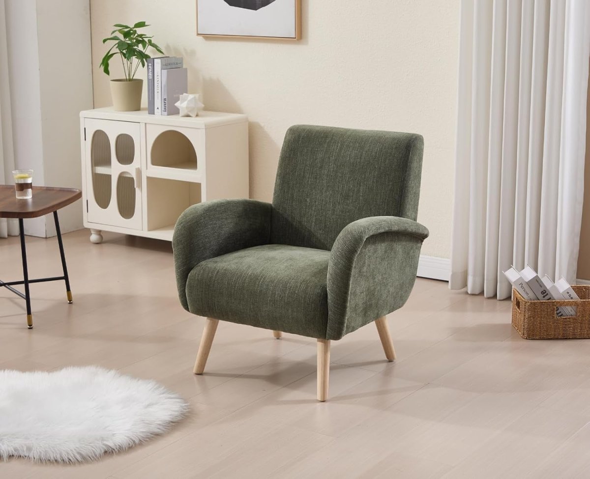 Chenille Upholstered Armchair Tub Chair – Lounge Chair with Wooden Legs - Kwikley