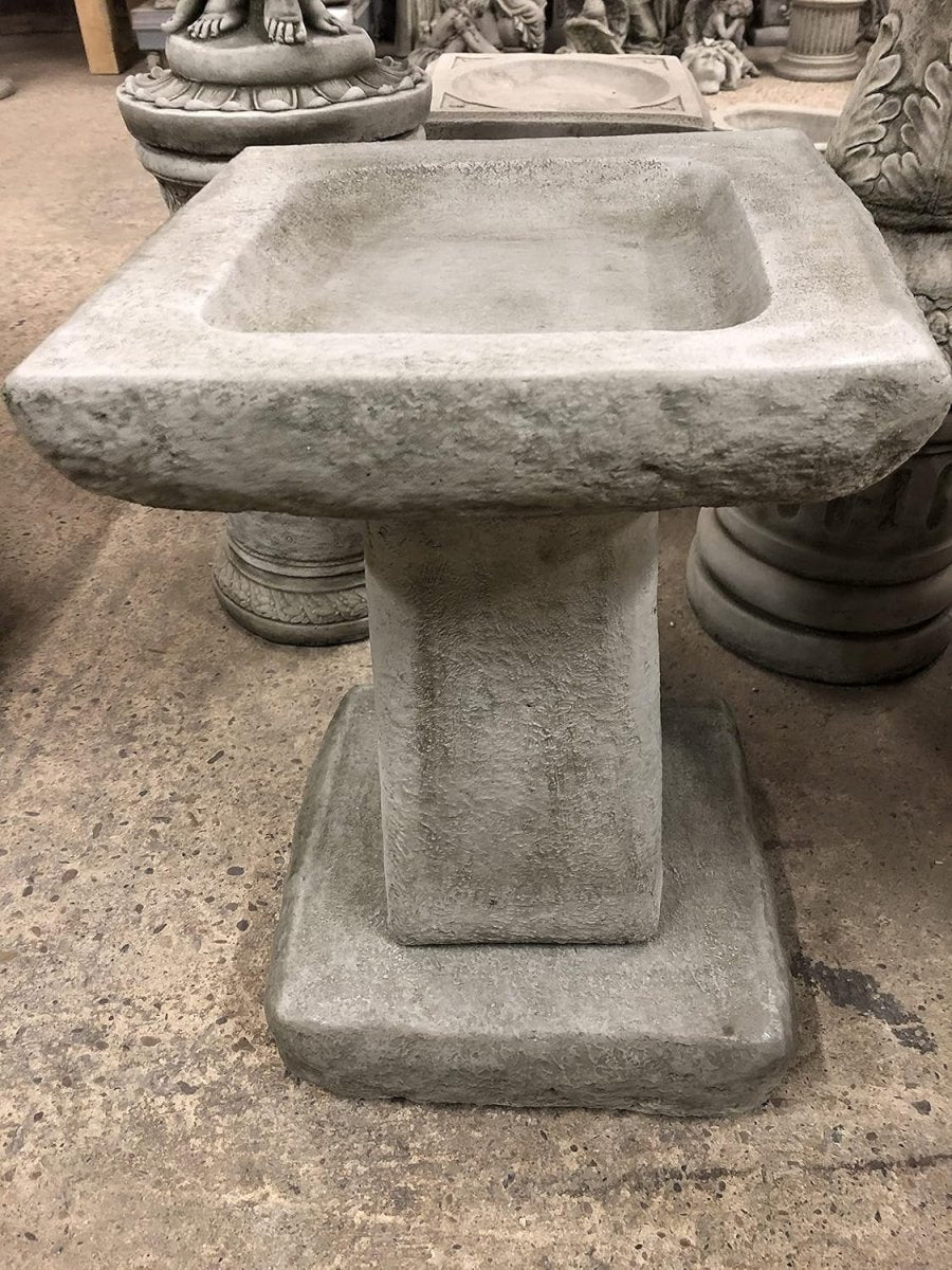 Chunky Stone Bird Bath Square 3pc | Heavy Concrete Garden Ornament 395mm - Kwikley
