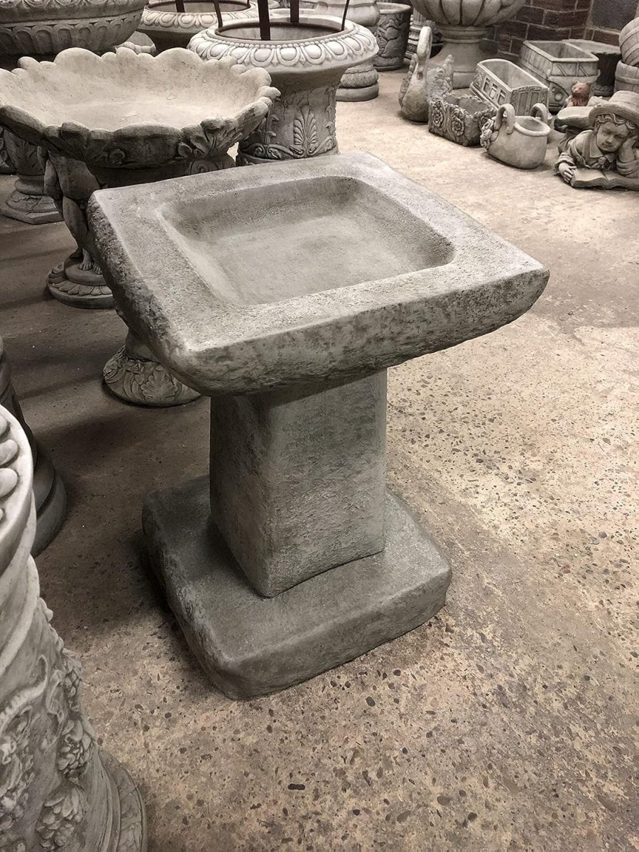 Chunky Stone Bird Bath Square 3pc | Heavy Concrete Garden Ornament 395mm - Kwikley
