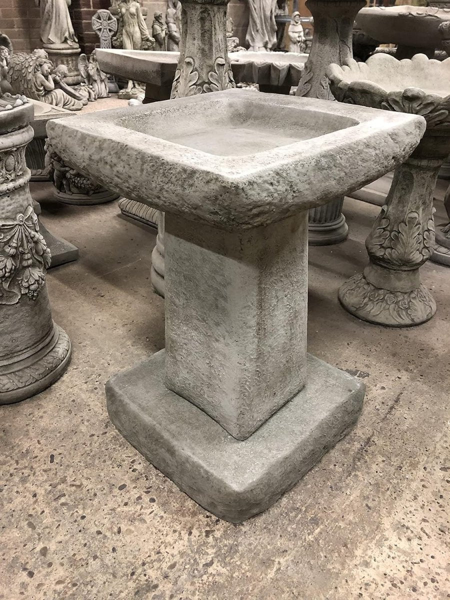 Chunky Stone Bird Bath Square 3pc | Heavy Concrete Garden Ornament 395mm - Kwikley