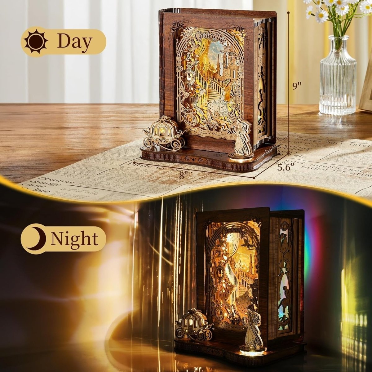 Cinderella 3D Wooden Puzzle LED Storybook Lamp DIY Night Light Decor - Kwikley