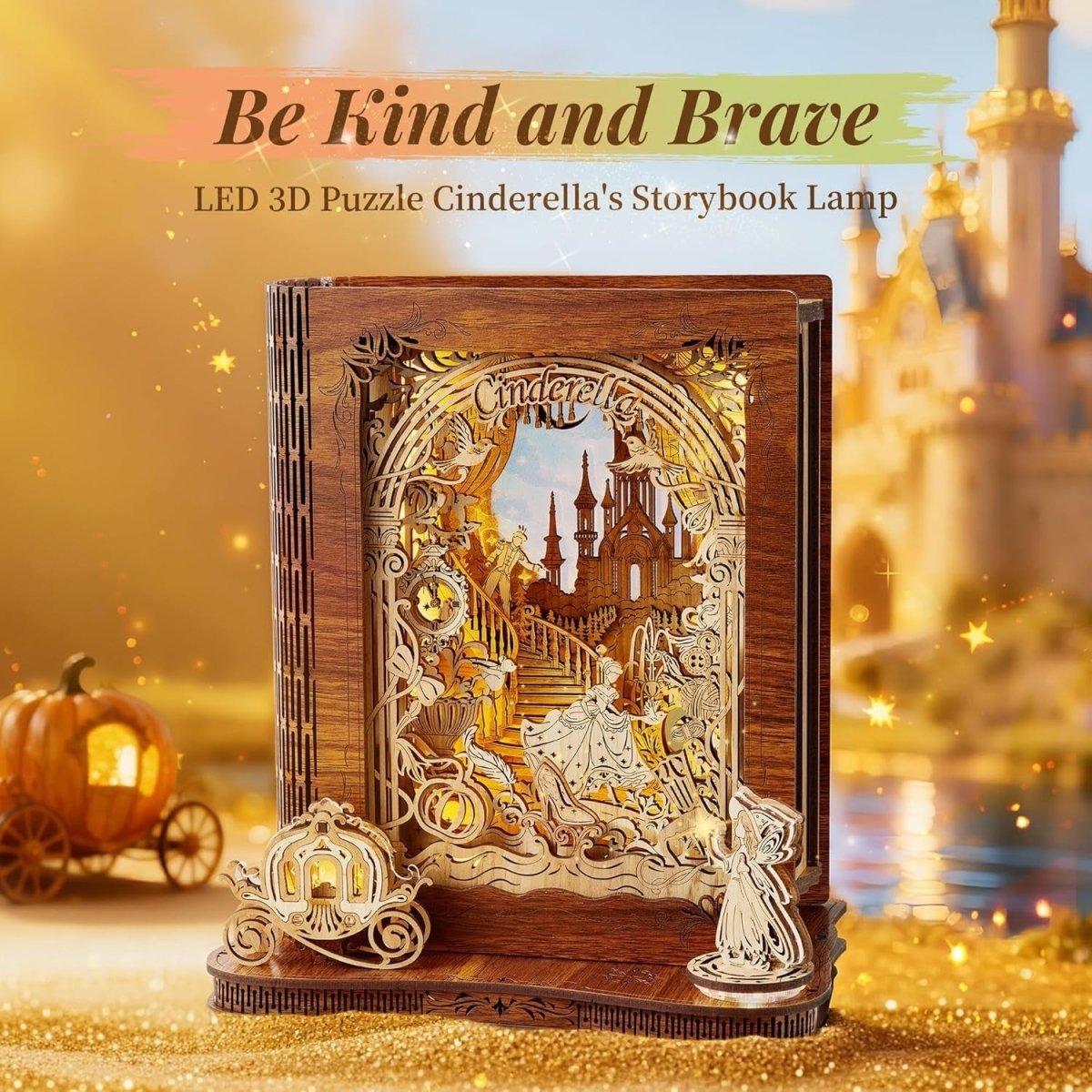 Cinderella 3D Wooden Puzzle LED Storybook Lamp DIY Night Light Decor - Kwikley